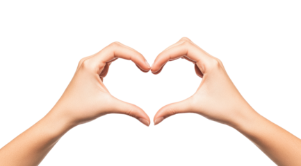 Two hands forming a heart shape on a white isolated background, symbolizing love and connection.PNG image