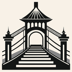 Fototapeta premium Black and White Stylized Asian- Inspired Bridge with Pagoda Roof asian bridge architecture