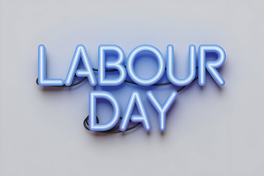Celebrate Labour Day with vibrant blue neon lettering, a modern festive announcement for holidays and work appreciation