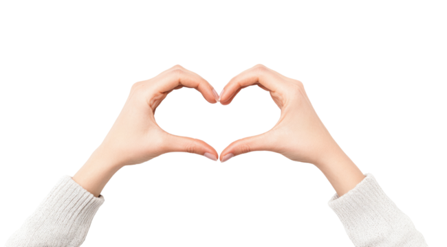 Hands forming a heart shape, symbolizing love and connection on a white isolated background.PNG image