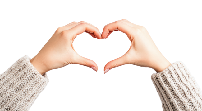 A pair of hands forming a heart shape against a white isolated background, symbolizing love and connection.PNG image