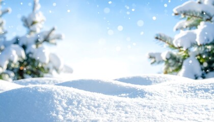 Snowy winter landscape with sun, and trees.