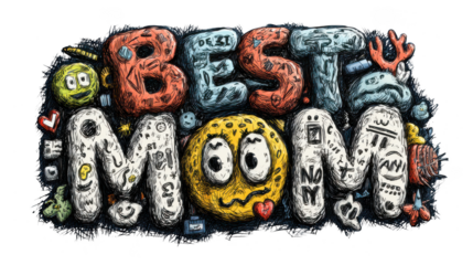Best mom is a cartoon drawing of a woman with a big smile and a heart
