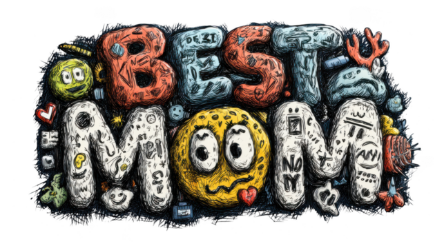 Best mom is a cartoon drawing of a woman with a big smile and a heart