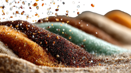 Colorful Sand Texture: A detailed shot of various colored sand textures, as grains cascade, presenting a dynamic display of natural hues and earthy elements.