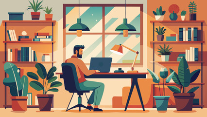 Illustration of a man working at a desk in a home office