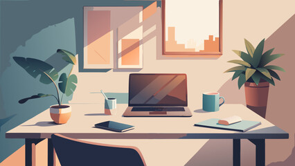 Illustration of a home office setup with laptop and plants