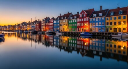 Obraz premium Nyhavn Harbor at Dusk, Copenhagen, Denmark: Colorful Buildings and Reflections