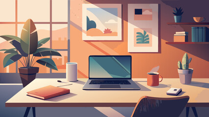 Fototapeta premium Illustration of a home office with laptop and plants