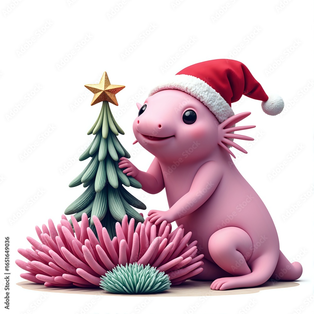 Canvas Prints cheerful axolotl decorates for the holidays with a tiny tree