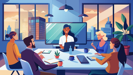 Group meeting with video call in modern office space