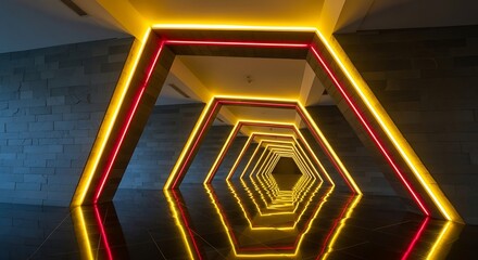 Hexagonal neon illuminated hallway creates a modern and futuristic perspective