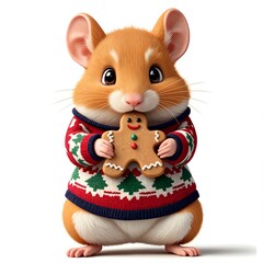 Adorable hamster in a holiday sweater with a gingerbread cookie