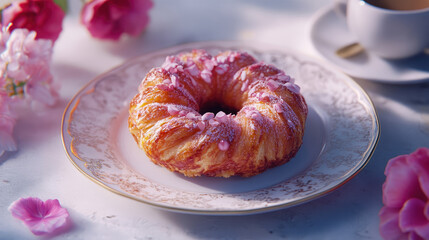 A vibrant cruffin on a delicate plate with a cup of coffee