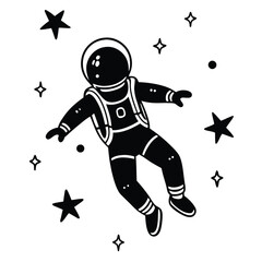Black astronaut silhouette floating in space with stars and dots vector illustration