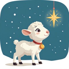 Joyful lamb under the shining star in a winter wonderland