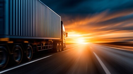 freight truck loaded with containers driving through European highway, sunset lighting