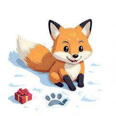 Obraz premium Playful fox with a gift in a winter wonderland