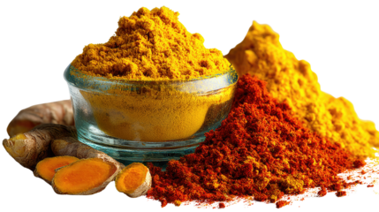 Turmeric Powder: Vibrant display of freshly ground turmeric powder, highlighting its aromatic potency and rich, golden hues. The image is a close-up of turmeric powder and roots.