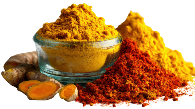Turmeric Powder: Vibrant display of freshly ground turmeric powder, highlighting its aromatic potency and rich, golden hues. The image is a close-up of turmeric powder and roots.