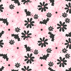 Coquette Halloween Floral Bats Seamless Pattern 