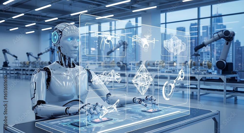Poster a humanoid robot interacting with holographic displays in a futuristic factory environment setting a