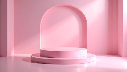 Pink Podium Stage Display with Arch and Shadow on Pink Background for Product Presentation