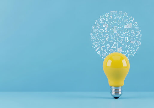 A yellow lightbulb with question marks above - Powered by Adobe