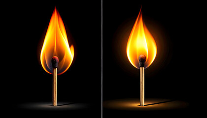 Two Burning Matches Against Black Background Displaying Bright Orange Flames and Shadow Illumination