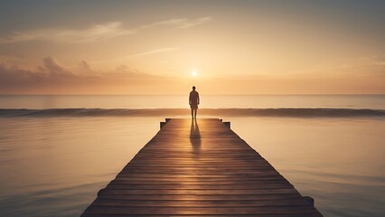 A person stands alone at the end of a wooden pier, looking out over a calm ocean as the sun sets. The scene evokes a feeling of peace and contemplation.