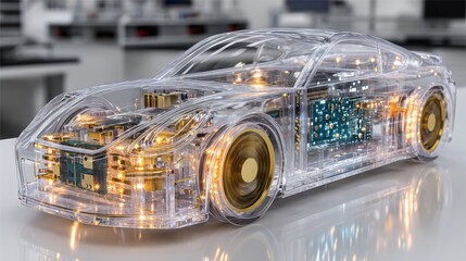 Obraz premium Transparent Car Model: Electric Vehicle Tech Concept