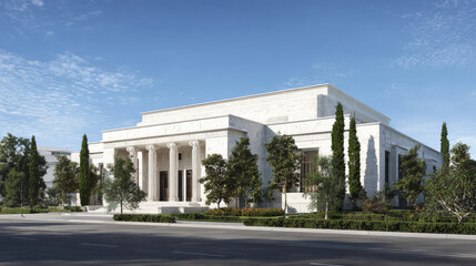 Modern white temple with classical columns and landscaped grounds under a clear blue sky