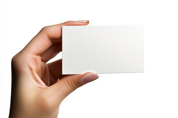 Elegant hand displaying a blank, rectangular card against a bright white backdrop