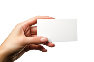 Elegant presentation a woman's manicured hand holds a blank white card