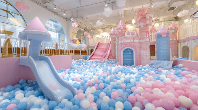 Colorful Indoor Playground with Ball Pit, Slide, and Castle Structures