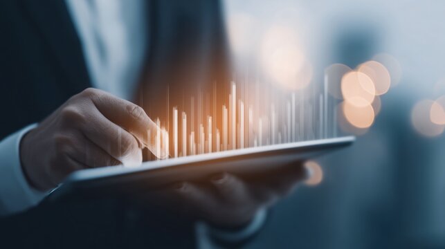 businessman analyzing import-export data on tablet, European and American markets, financial charts