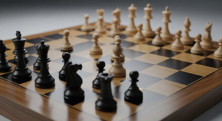 A chessboard with black and white pieces, set up for a game, with a wooden board and a white background.
