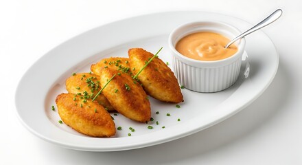 Delicious and golden-brown potato croquettes with a creamy dipping sauce, artfully arranged on a pristine white plate
