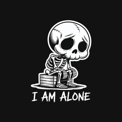Sad Cartoon Skeleton Sitting Alone with 
