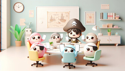 Funny Chibi Pirate Office Business Meeting. Cute Pirate Teamwork Illustration. International Talk Like a Pirate Day