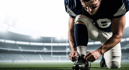 A football player tying his shoelaces on a grass field with a stadium in the background.