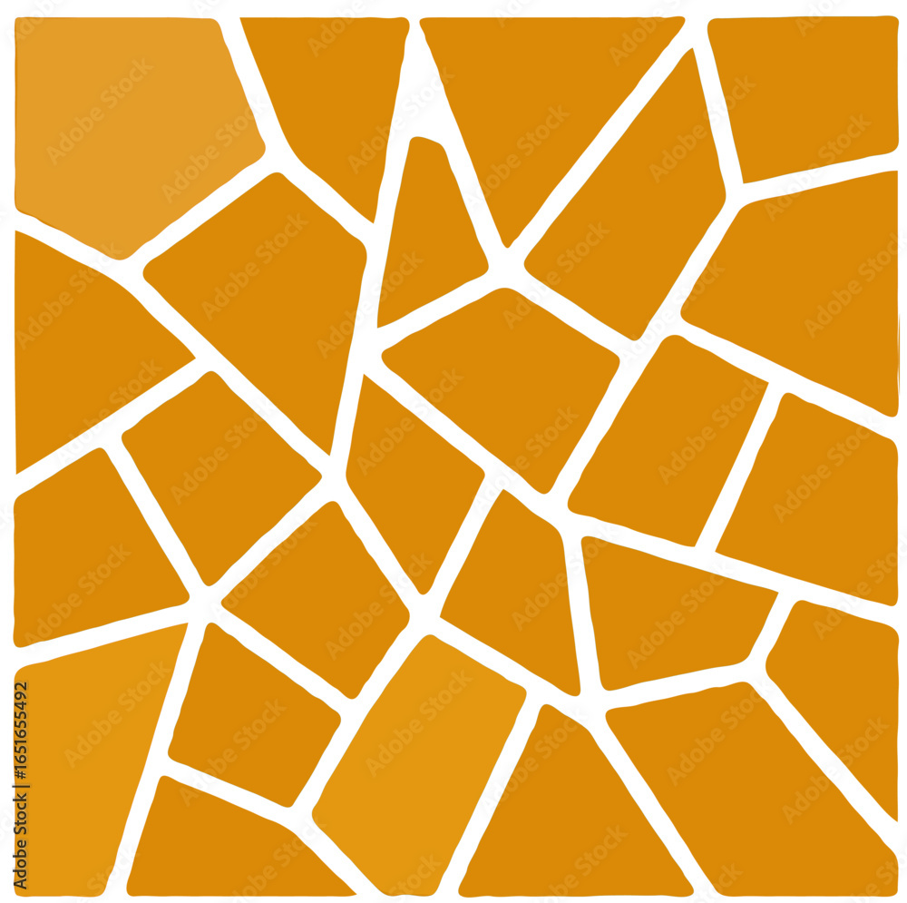 Poster abstract mosaic pattern with irregular orange shapes separated by white lines, forming a geometric d