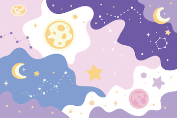 Whimsical Celestial Illustration Featuring Moons, Stars, and Constellations in Pastel Hues