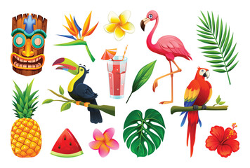 Collection of tropical elements, including a tiki mask, parrot, flamingo, toucan, pineapple, watermelon, hibiscus flower, and leaves. Vector cartoon illustration © YG Studio