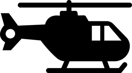 Black helicopter icon, Vector in flat style, Monochrome aircraft symbol, Aviation transport, Military chopper, Rescue copter, Air travel graphic illustration isolated on transparent background.