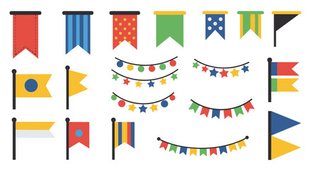 Fototapeta premium Illustration of various colorful decorative flags and string lights set