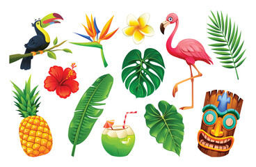 Illustration of tropical elements, including a toucan, bird of paradise, hibiscus, pineapple, flamingo, tiki mask, and leaves. Vector cartoon © YG Studio
