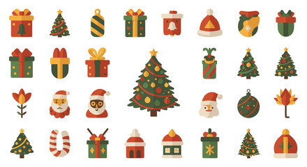 Fototapeta premium Collection of christmas themed illustrations with gifts and trees set