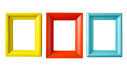 Set of Three Empty Photo Frames in Black, Red, and Blue on transparent background.