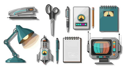 Illustration of various office and desk supplies with retro aesthetic